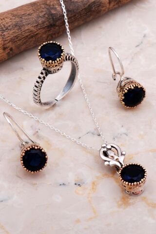 Safir Taşlı Elişi Tasarım Gümüş Set 2053