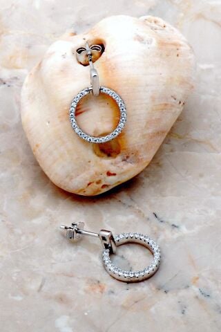 Taşlı Halka Rodyumlu Gümüş Küpe 5302