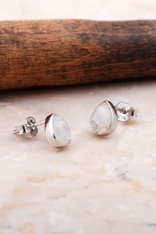 Doğal Ay Taşlı Damla Mini Rodyumlu Gümüş Küpe 5821