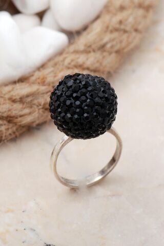 Siyah Taşlı Top Gümüş Yüzük 62