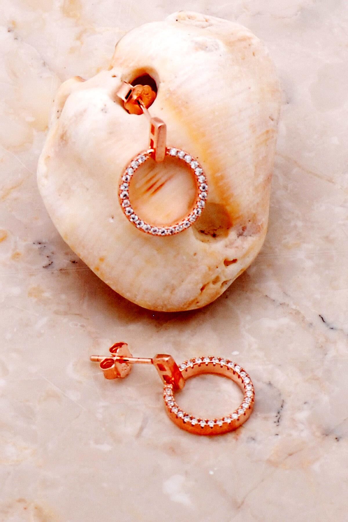 Taşlı Halka Rose Gümüş Küpe 5303
