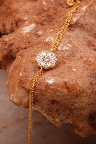 Baget Taşlı Çiçek Altın Yaldızlı Gümüş Bileklik 4625