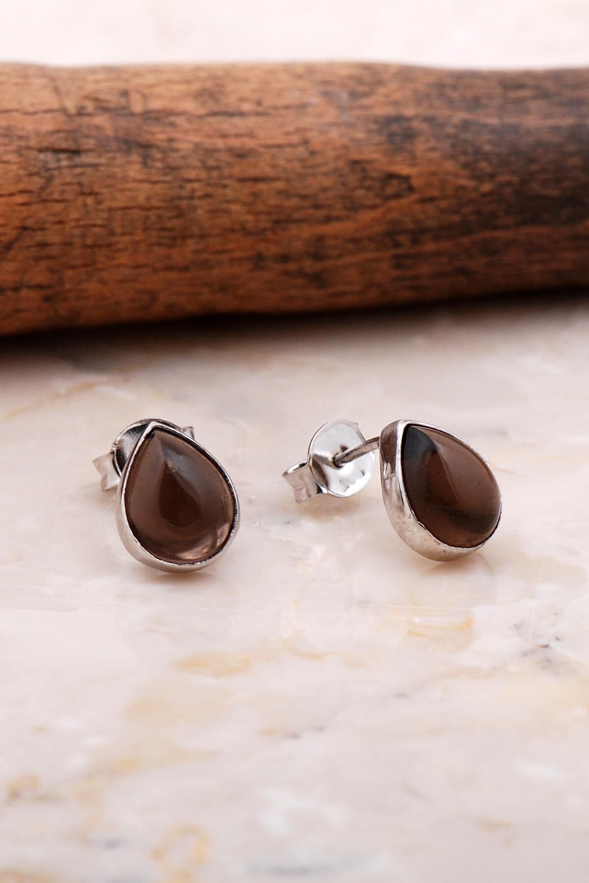 Doğal Smoky Taşlı Damla Mini Rodyumlu Gümüş Küpe 5823