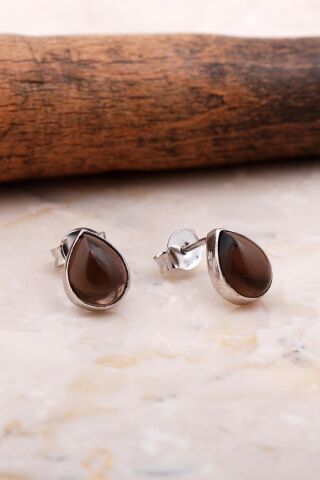 Doğal Smoky Taşlı Damla Mini Rodyumlu Gümüş Küpe 5823