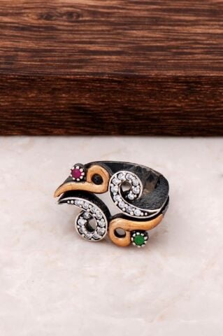 Kök Zümrüt ve Kök Yakut Taşlı Gümüş İki Parça Yüzük 112