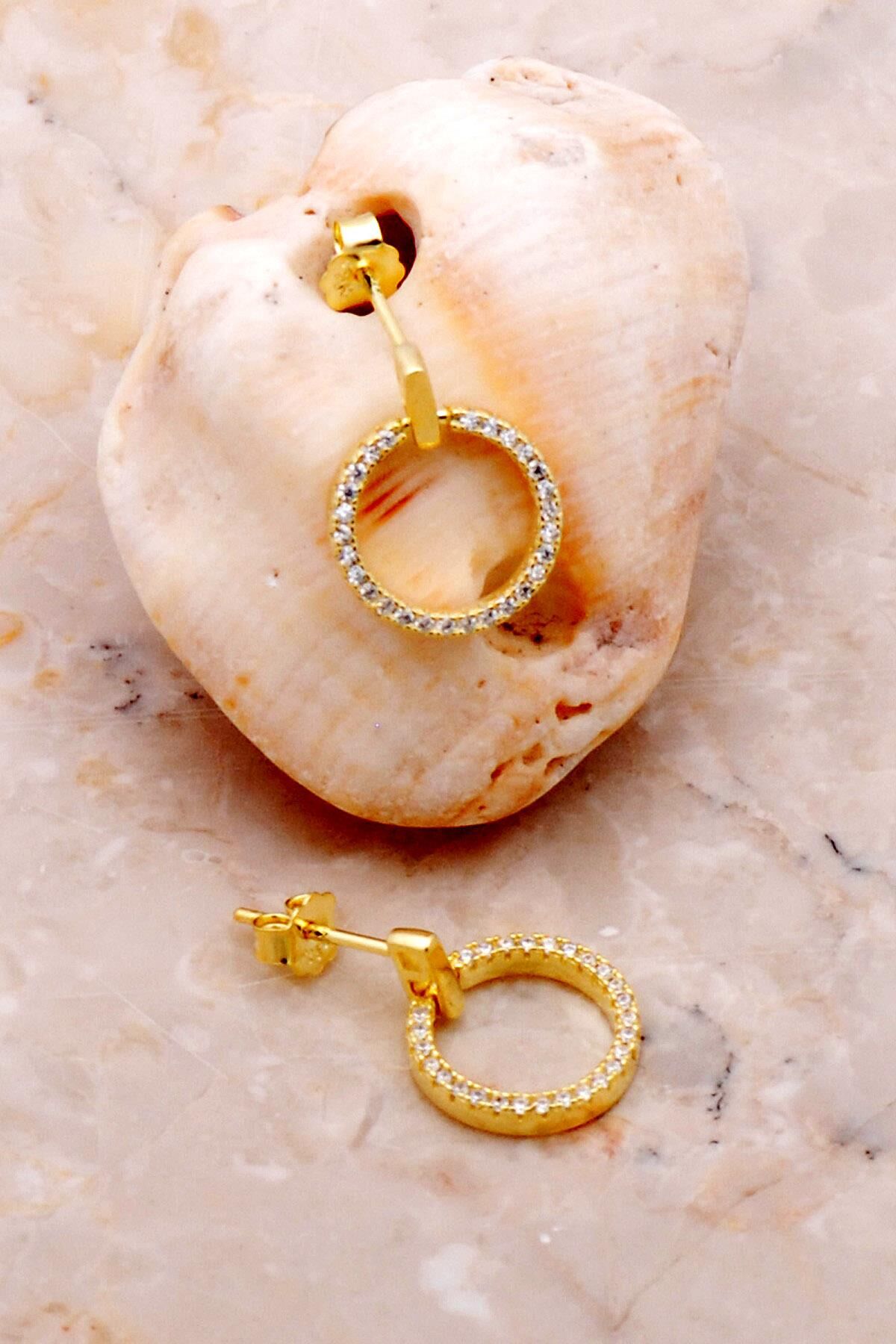 Taşlı Halka Altın Yaldızlı Gümüş Küpe 5304