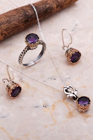 Ametist Taşlı Elişi Tasarım Gümüş Set 2056