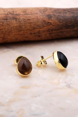 Doğal Smoky Taşlı Damla Mini Altın Yaldızlı Gümüş Küpe 5822