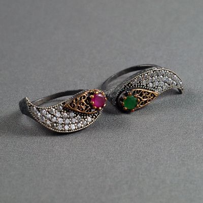 Kök Zümrüt ve Kök Yakut Taşlı İki Parça Gümüş Yüzük 113