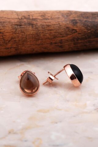 Doğal Smoky Taşlı Damla Mini Rose Gümüş Küpe 5824