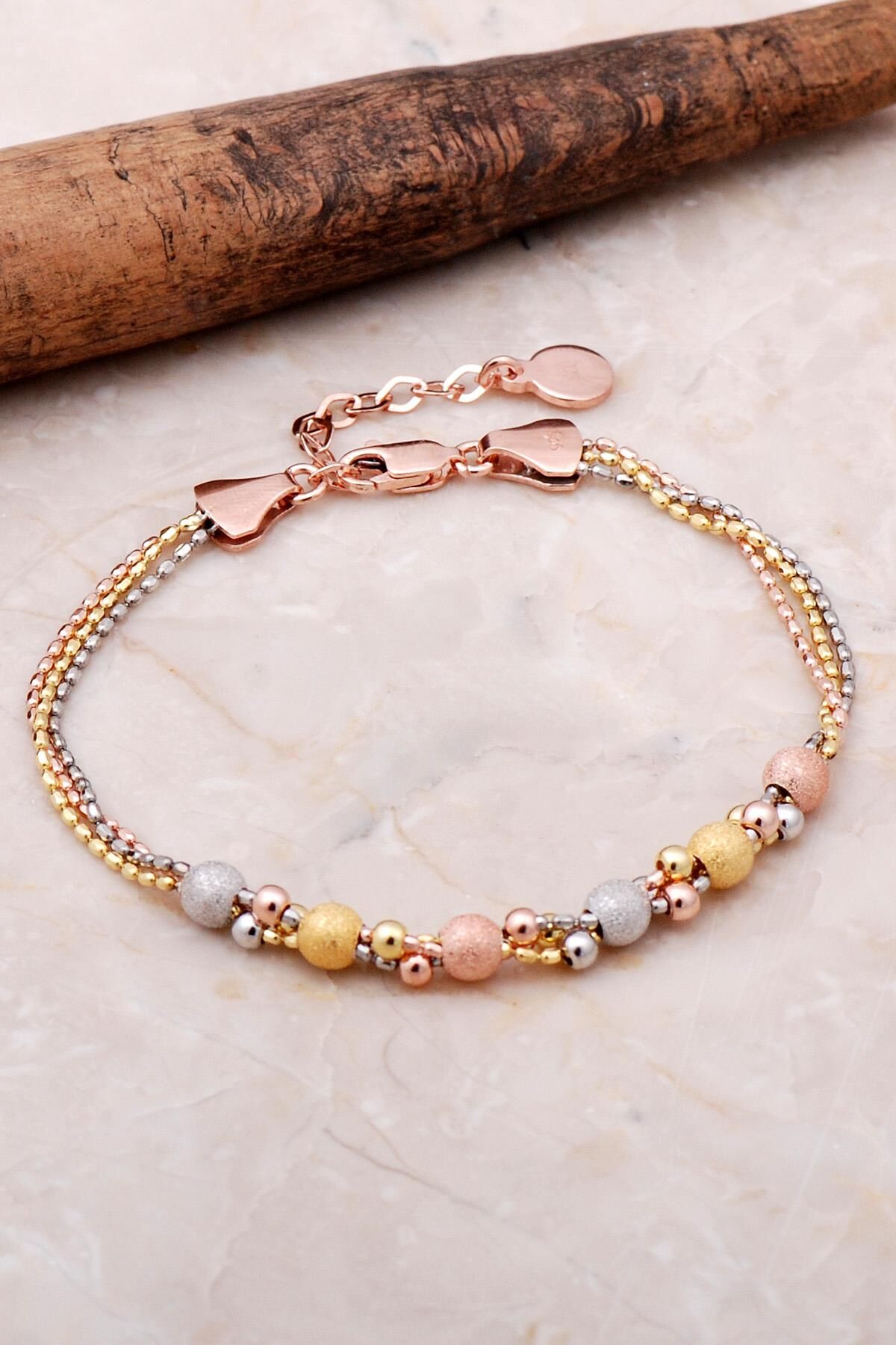 Dorika Rose ve Altın Yaldızlı 925 Ayar Gümüş Bileklik 3508