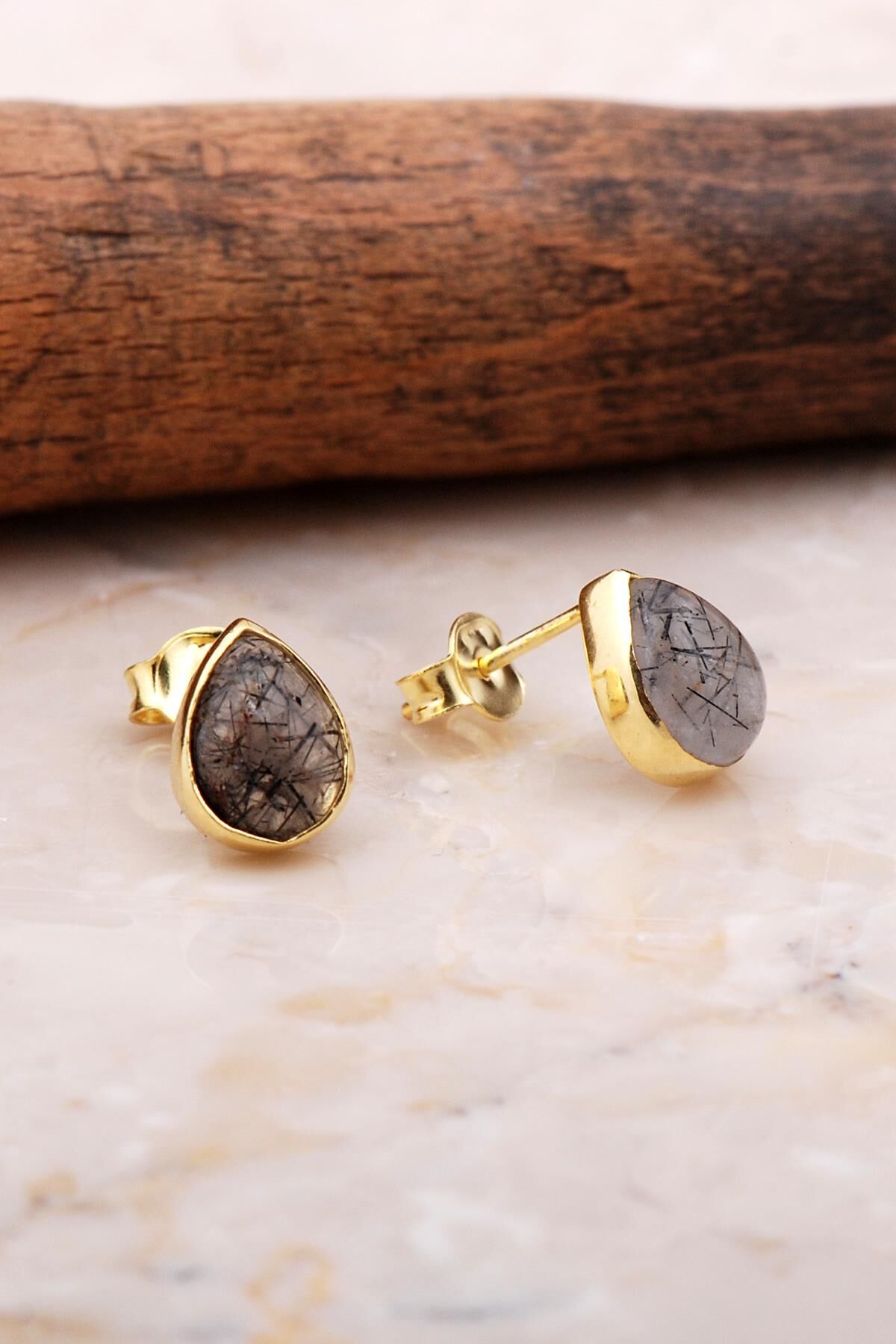 Doğal Rutil Kuvars Taşlı Damla Mini Altın Yaldızlı Gümüş Küpe 5825