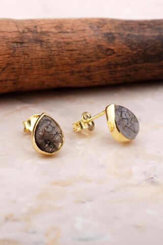 Doğal Rutil Kuvars Taşlı Damla Mini Altın Yaldızlı Gümüş Küpe 5825