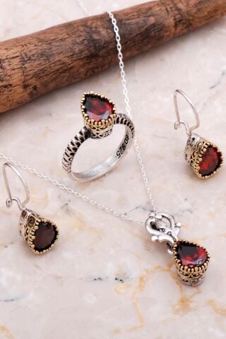 Lal Taşlı Elişi Tasarım Gümüş Set 2058