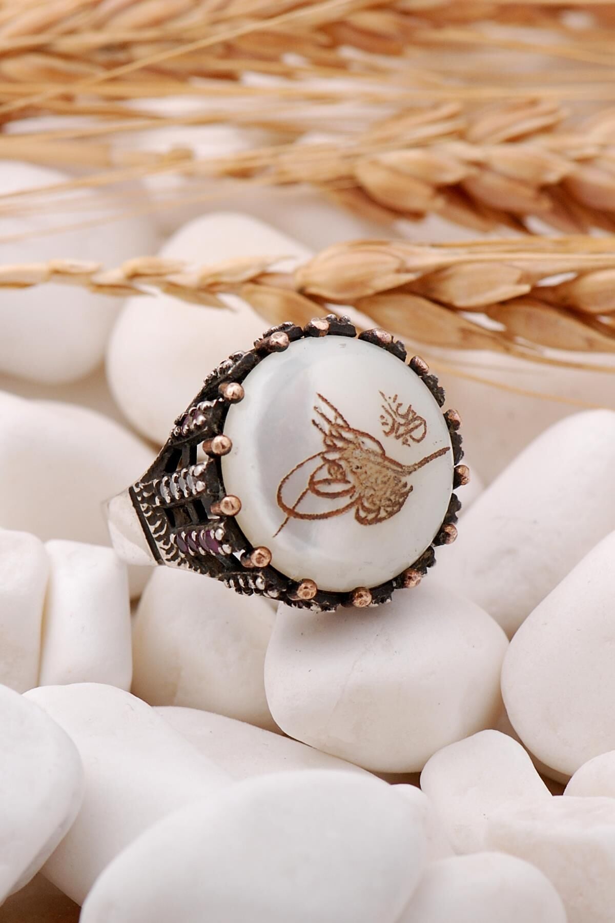 Osmanlı tuğralı Sedef Taşlı Elişi Gümüş Yüzük 66