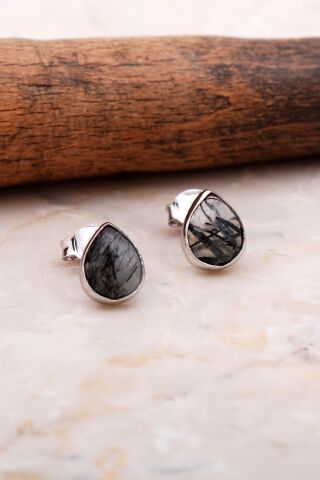 Doğal Rutil Kuvars Taşlı Damla Mini Rodyumlu Gümüş Küpe 5826