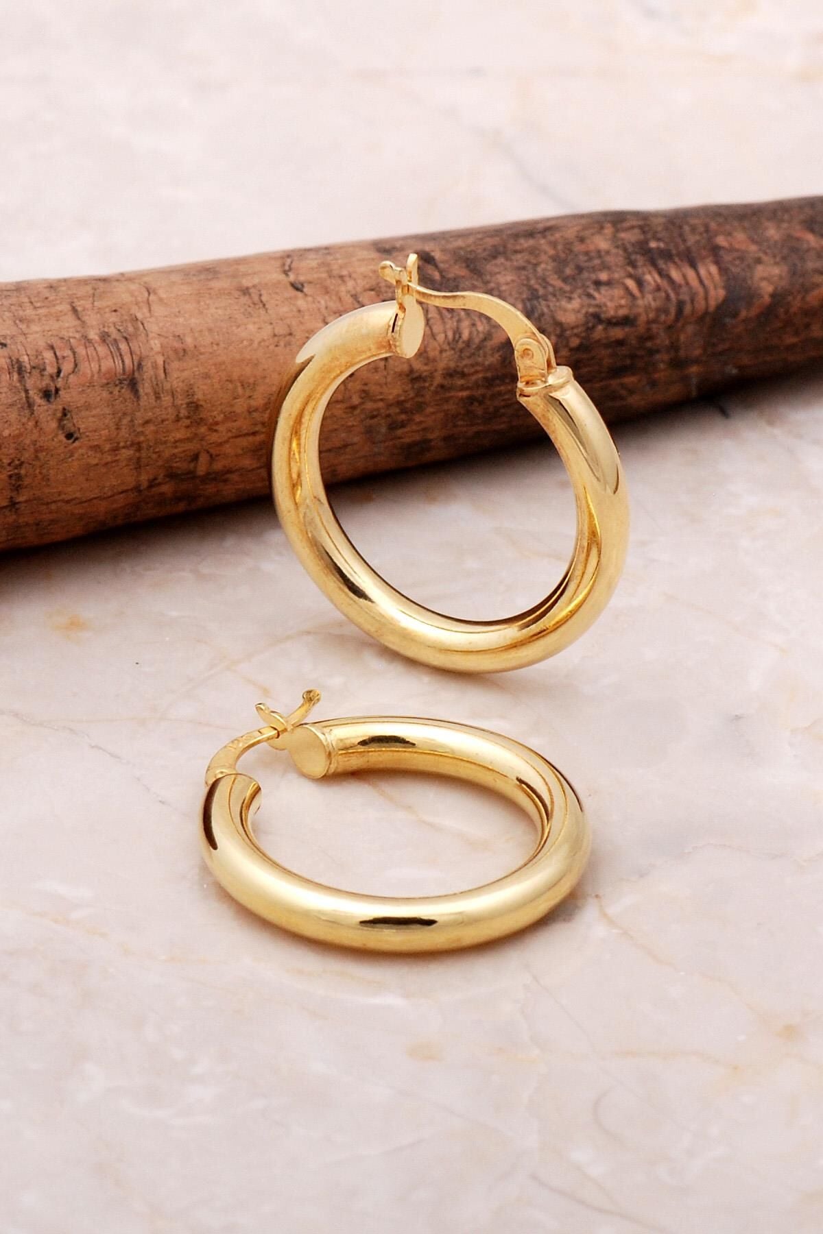 Altın Yaldızlı Kalın 28 Mm Gümüş Halka Küpe 5086