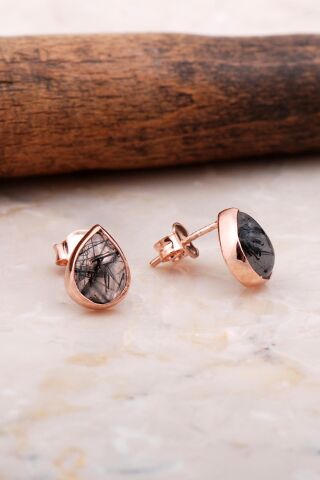Doğal Rutil Kuvars Taşlı Damla Mini Rose Gümüş Küpe 5827
