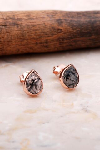 Doğal Rutil Kuvars Taşlı Damla Mini Rose Gümüş Küpe 5827