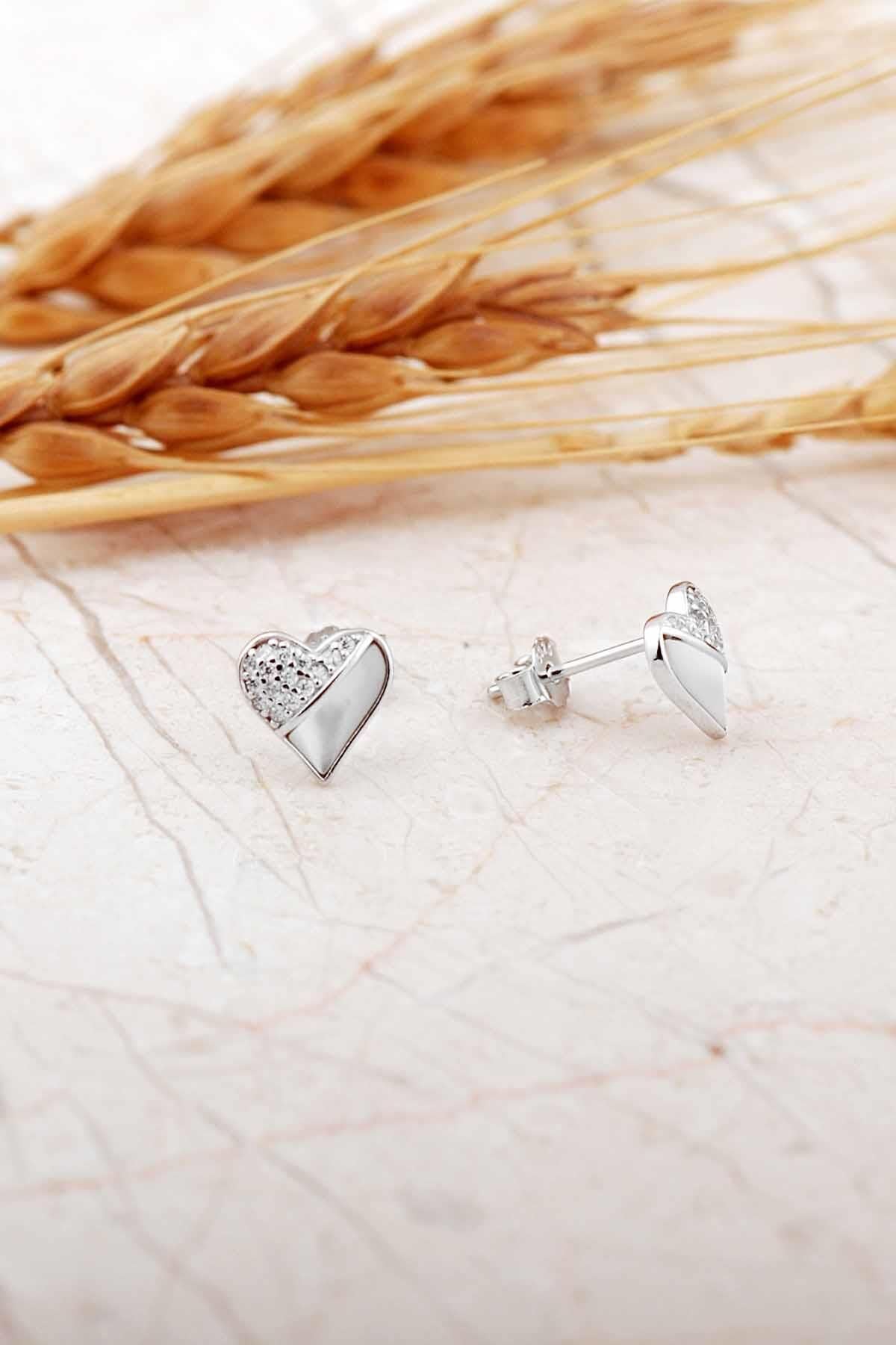 Sedef Taşlı Rodyumlu Kalp Mini Gümüş Küpe 7267