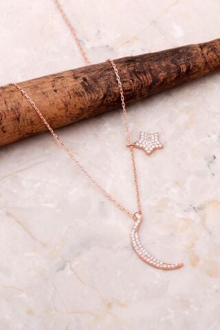 Ay Ve Yıldız Rose Gümüş Tasarım Kolye 6995