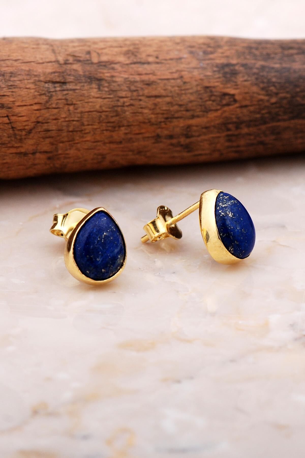 Doğal Lapis Lazuli Taşlı Damla Mini Altın Yaldızlı Gümüş Küpe 5828