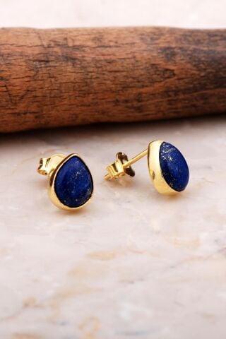 Doğal Lapis Lazuli Taşlı Damla Mini Altın Yaldızlı Gümüş Küpe 5828