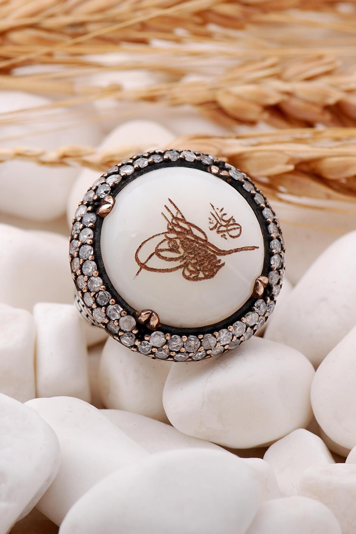 Osmanlı Tuğralı Sedef Taşlı Elişi Gümüş Yüzük 69