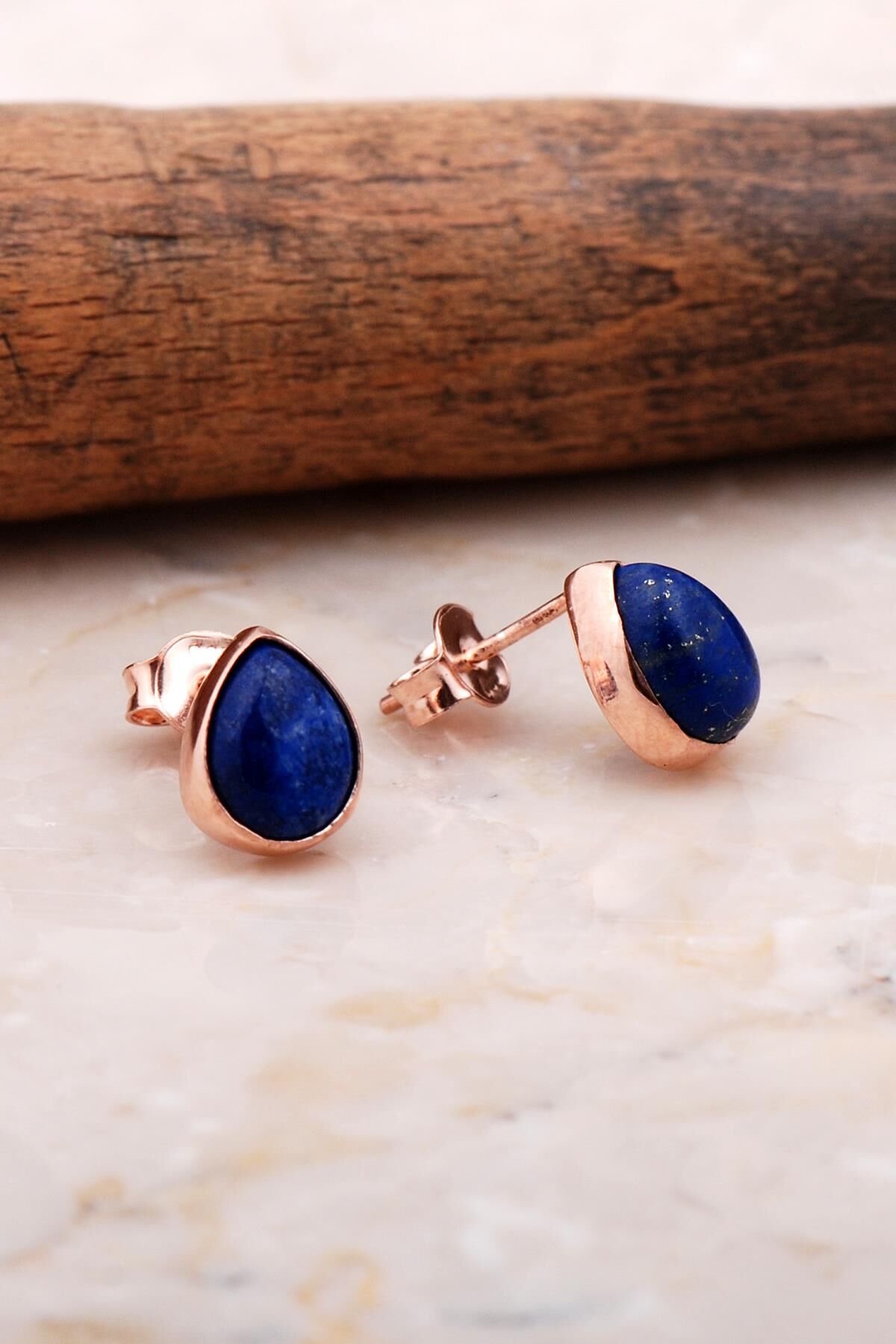 Doğal Lapis Lazuli Taşlı Damla Mini Rose Gümüş Küpe 5830