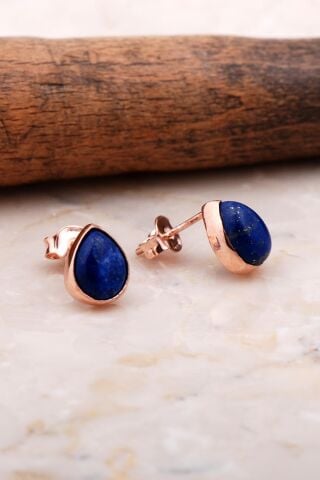 Doğal Lapis Lazuli Taşlı Damla Mini Rose Gümüş Küpe 5830