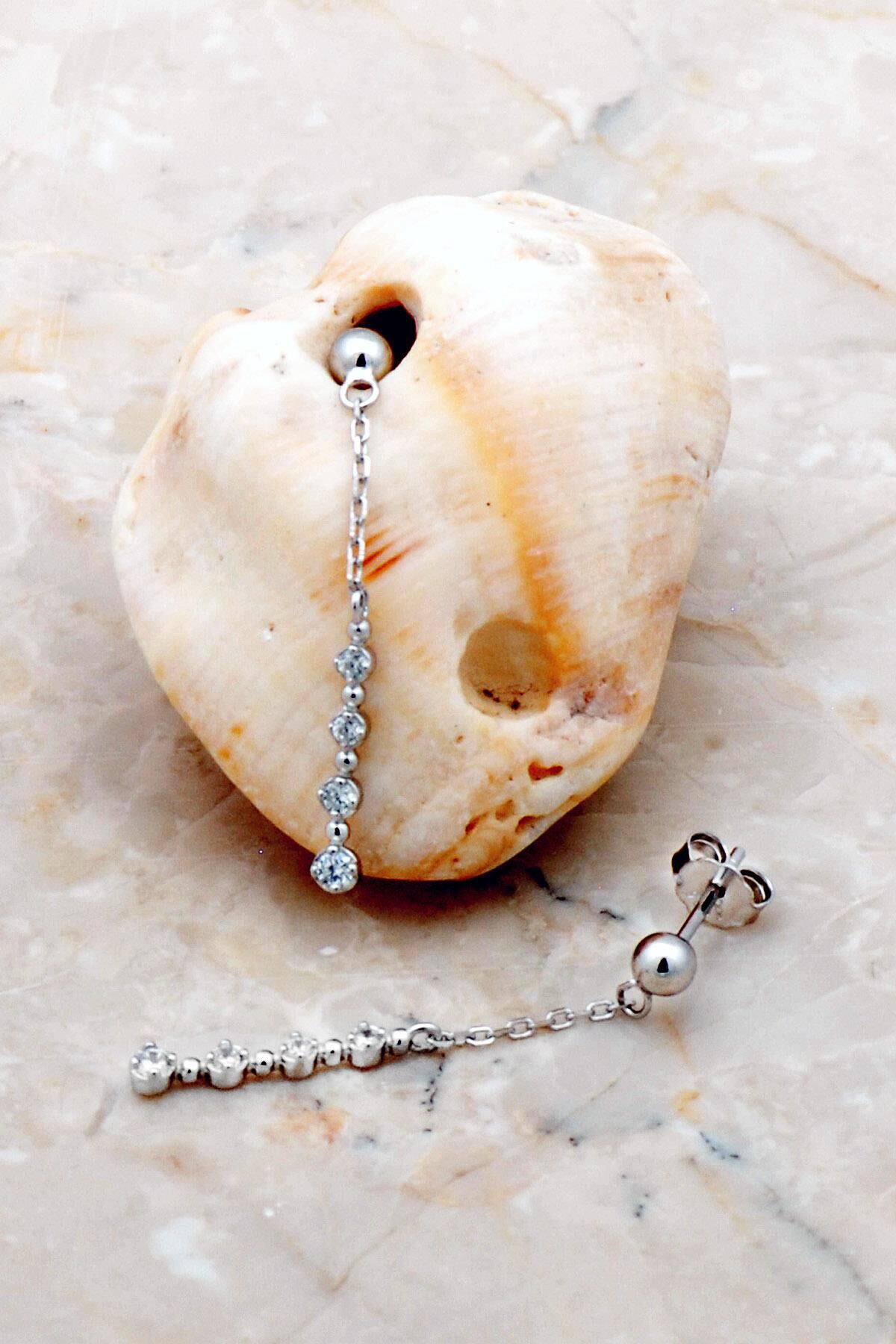 Taşlı Tasarım Gümüş Zincir Küpe 5311