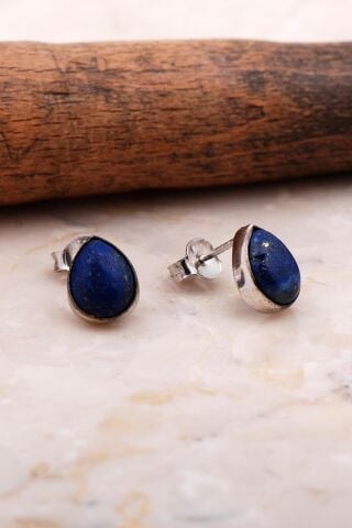Doğal Lapis Lazuli Taşlı Damla Mini Rodyumlu Gümüş Küpe 5829