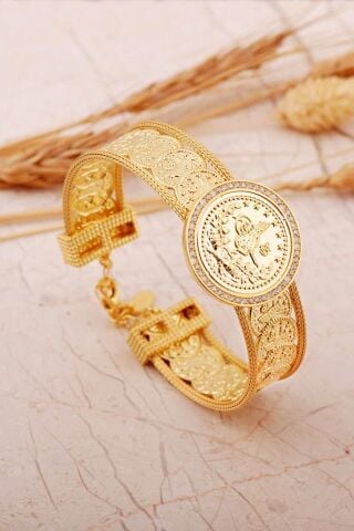 Tuğralı Altın Kaplama Taşlı Gümüş Hasır Bilezik 4810