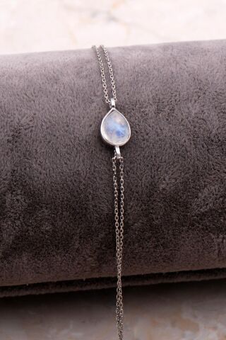 Doğal Ay Taşlı Damla Mini Rodyumlu Gümüş Bileklik 4105