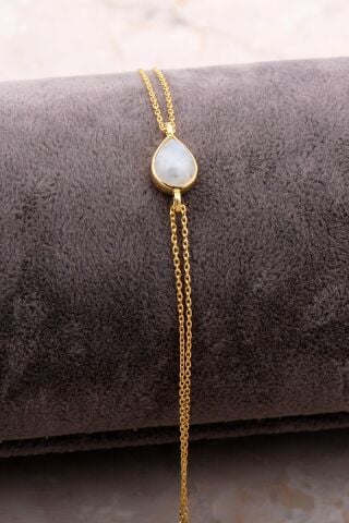 Doğal Ay Taşlı Damla Mini Altın Yaldızlı Gümüş Bileklik 4106