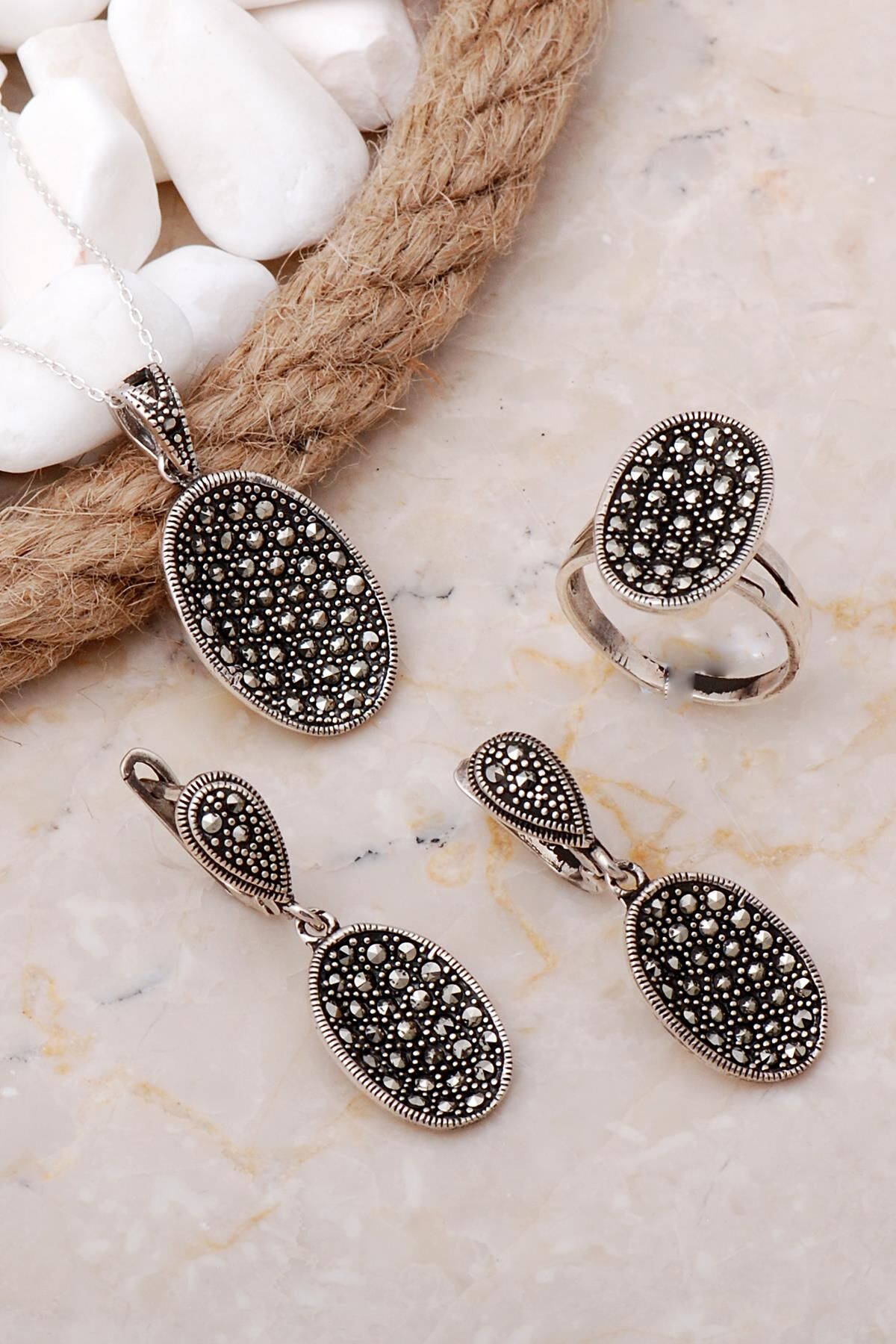 Markazit Taşlı Gümüş Üçlü Set 2128
