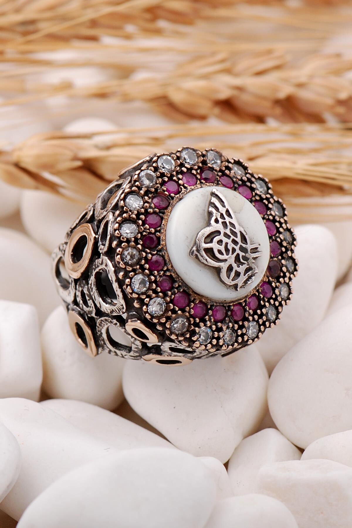 Osmanlı Tuğralı Sedef Taşlı Elişi Gümüş Yüzük 74