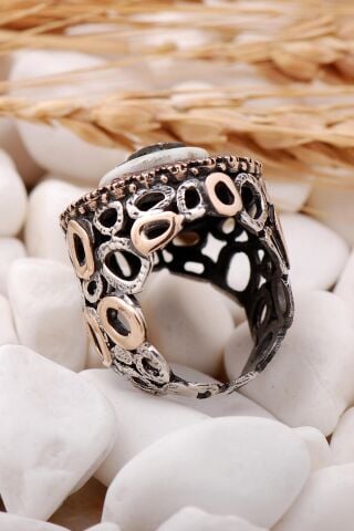 Osmanlı Tuğralı Sedef Taşlı Elişi Gümüş Yüzük 74