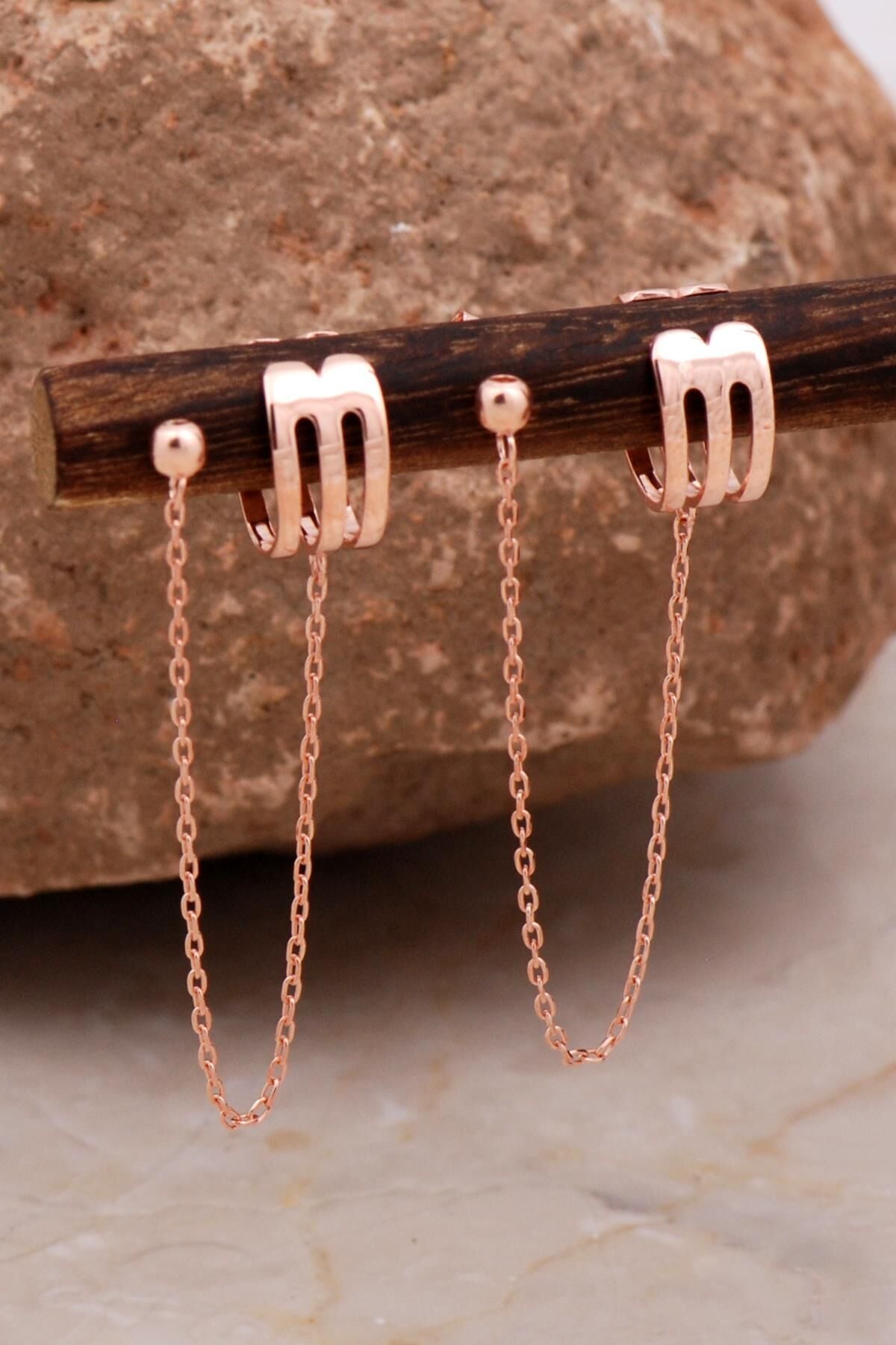 Taşsız Rose Zincirli Gümüş Kıkırdak Küpe 6110