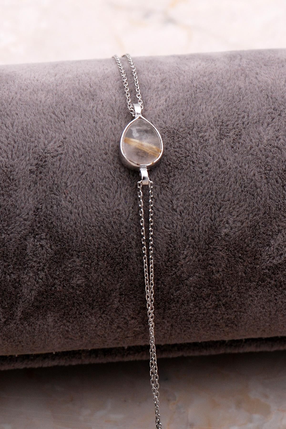 Doğal Sarı Rutil Kuvars Taşlı Damla Mini Rodyumlu Gümüş Bileklik 4108