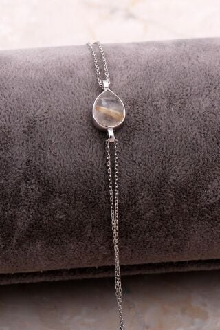 Doğal Sarı Rutil Kuvars Taşlı Damla Mini Rodyumlu Gümüş Bileklik 4108