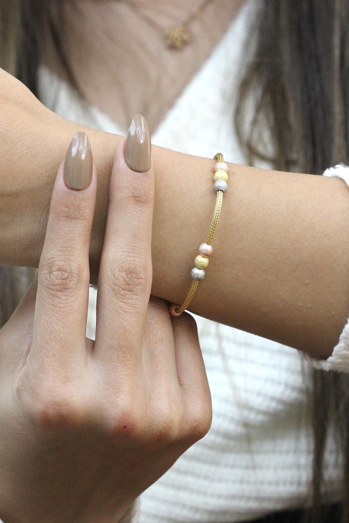 Hasır Örgü Altın Yaldızlı Toplu Gümüş Bileklik 3514