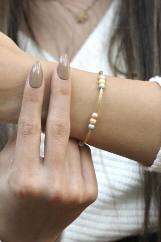 Hasır Örgü Altın Yaldızlı Toplu Gümüş Bileklik 3514