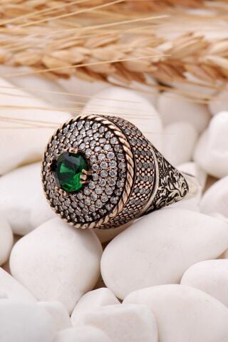 Kök Zümrüt Taşlı Tasarım Gümüş StresYüzük 75