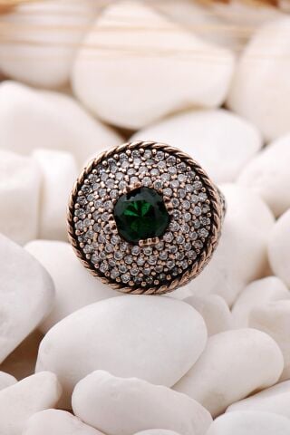 Kök Zümrüt Taşlı Tasarım Gümüş StresYüzük 75