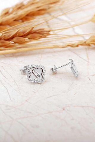 Sedef Taşlı Rodyumlu Yonca Mini Gümüş Küpe 7269