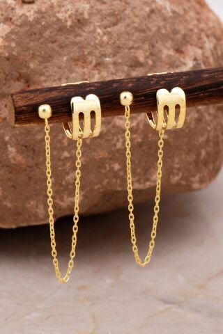 Taşsız Altın Kaplama Zincirli Gümüş Kıkırdak Küpe 6111