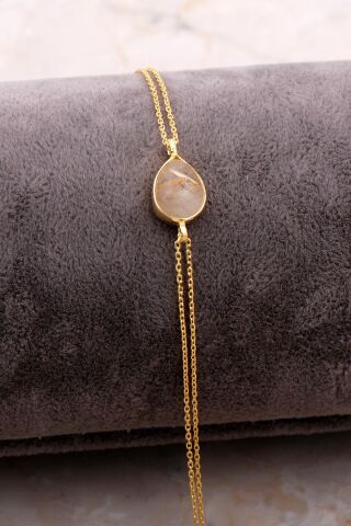 Doğal Sarı Rutil Kuvars Taşlı Damla Mini Altın Yaldızlı Gümüş Bileklik 4109