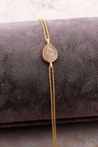 Doğal Sarı Rutil Kuvars Taşlı Damla Mini Altın Yaldızlı Gümüş Bileklik 4109