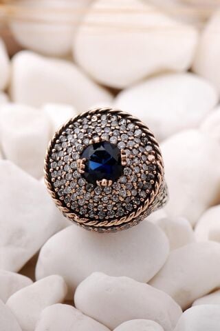 Safir Taşlı Tasarım Elişi Gümüş Stres Yüzük 77